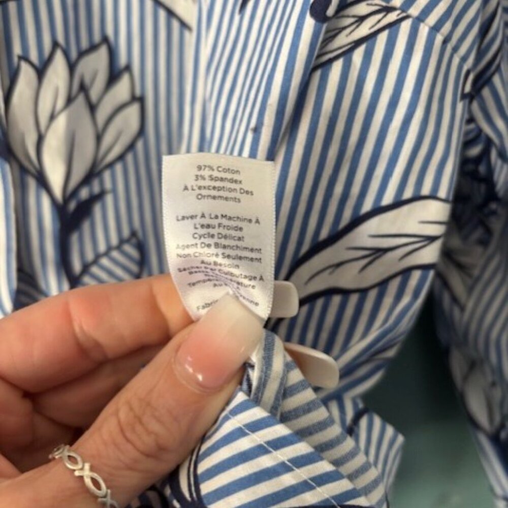 Talbots 18W Blue White Trim Floral Long Sleeve No Iron Preppy Botanical Cottage - Picture 8 of 8